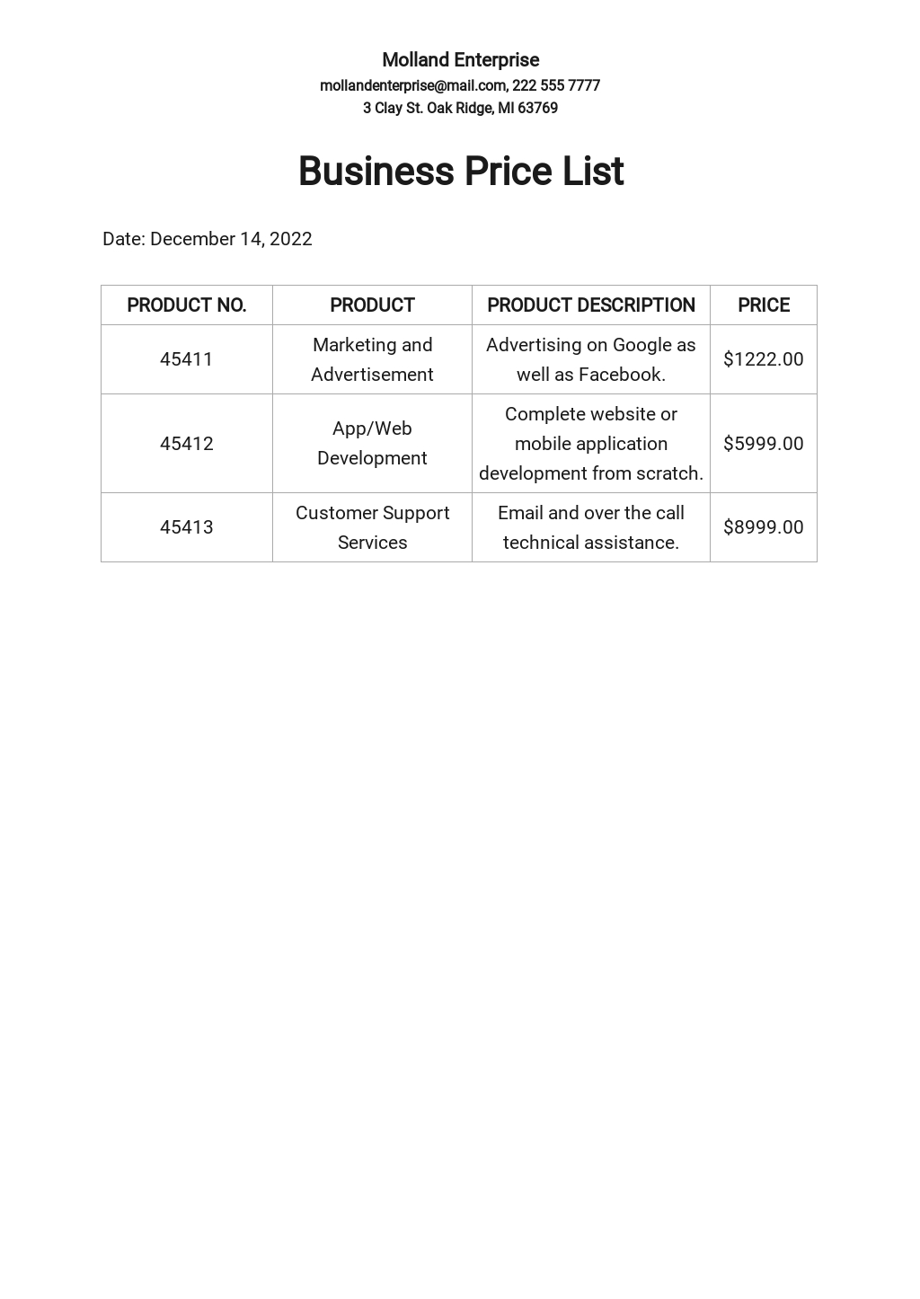 Google Docs Price List Template