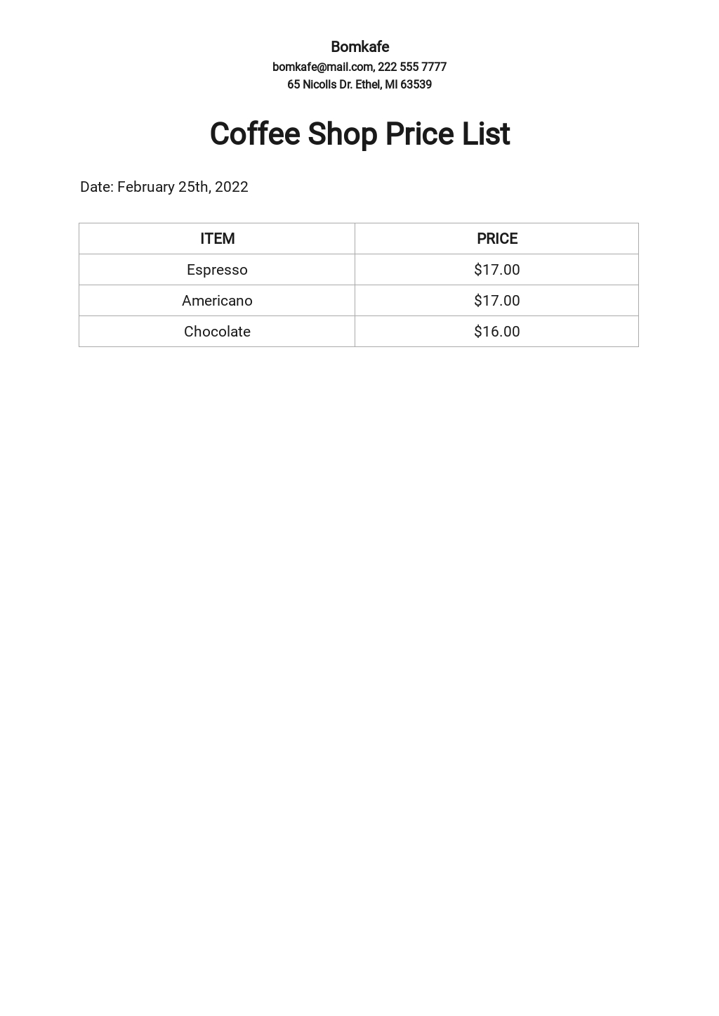 Coffee Shop Price List Template [Free PDF] Word