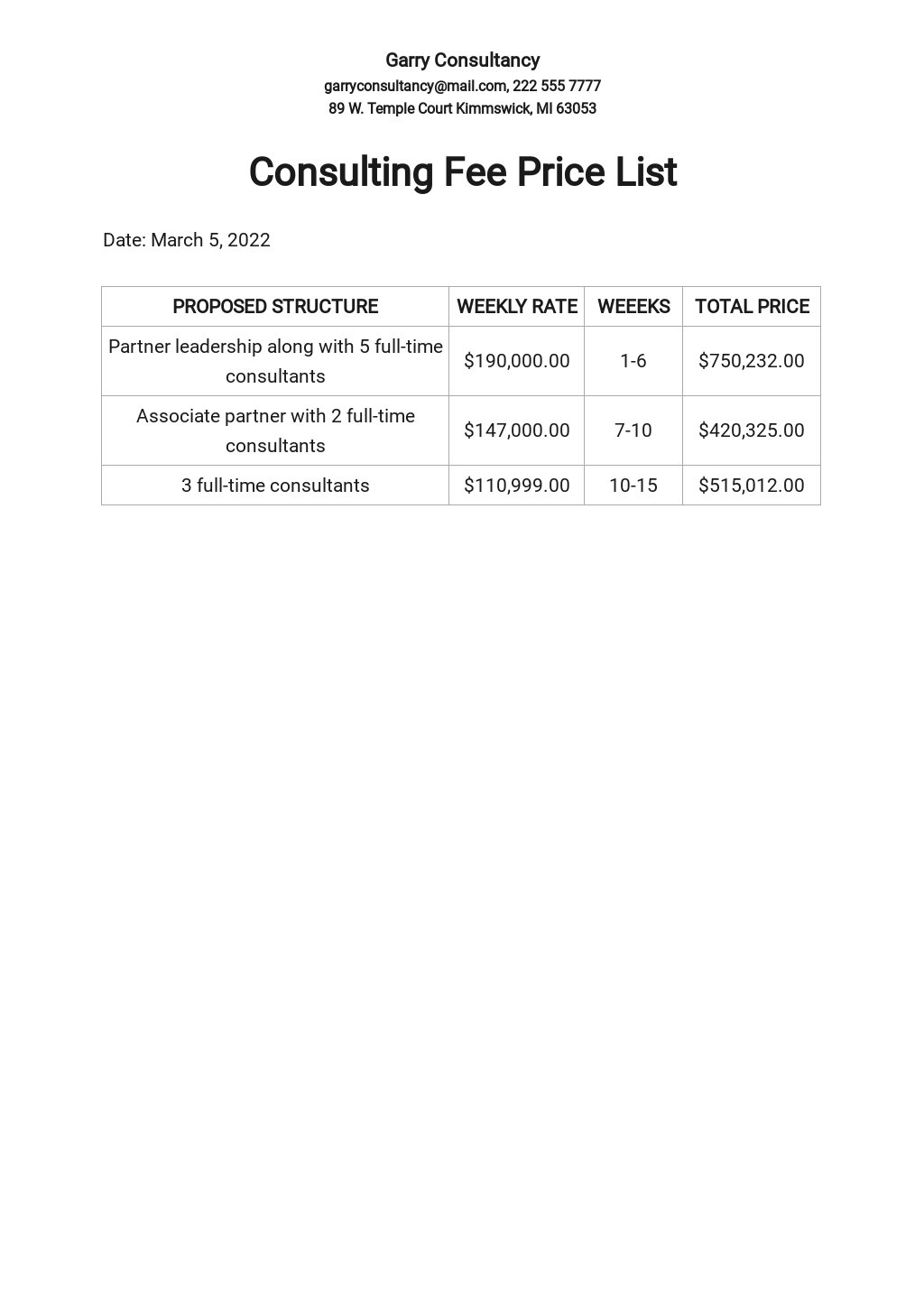 Consulting Fee Price List Template [Free PDF] - Google Docs, Word