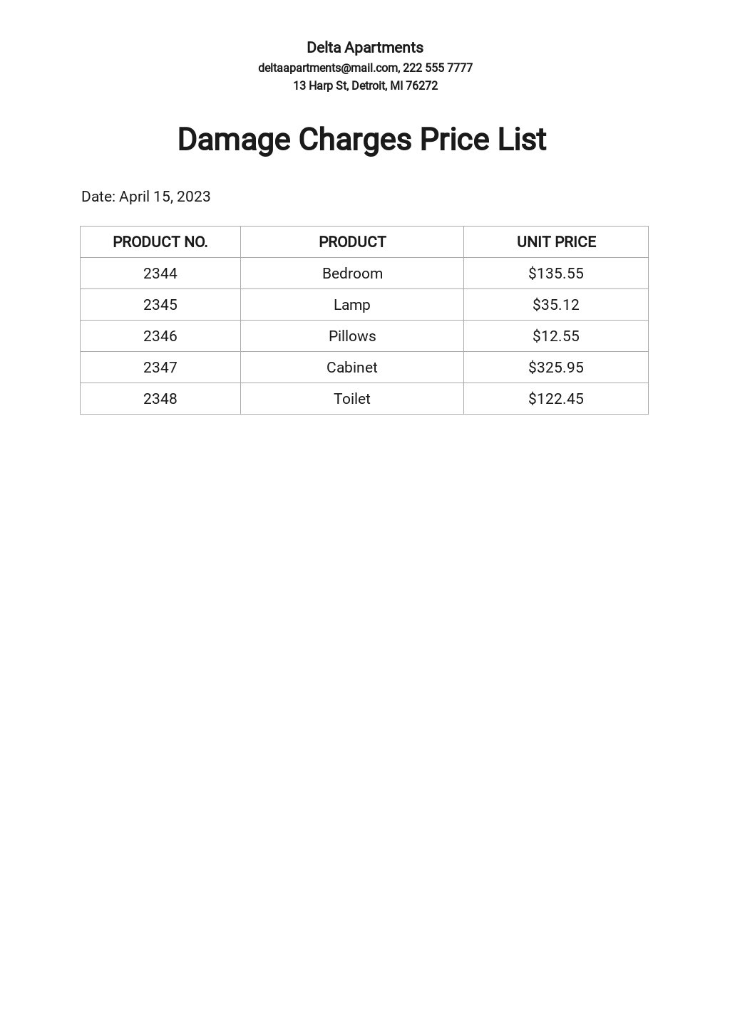 Damage Charges Price List Template [Free PDF] Illustrator, Word