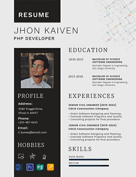 PHP Developer Resume Template - Word, Apple Pages, PSD, Publisher