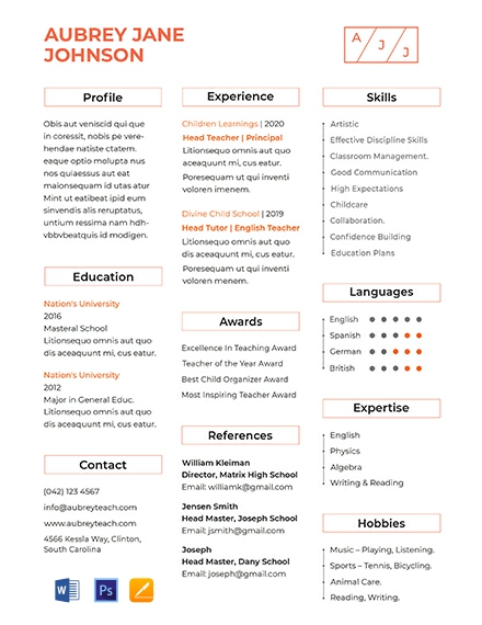 Teacher Resume Format Template - Word, Apple Pages, PSD