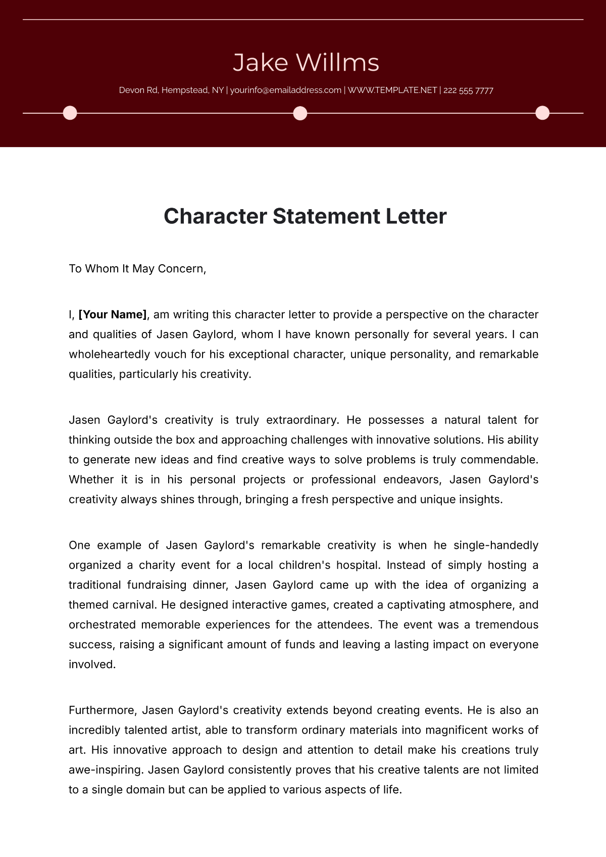 Character Statement Letter Template - Edit Online & Download