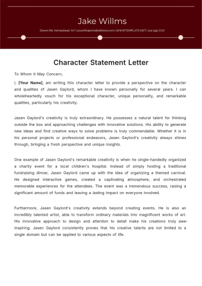 Free Character Statement Letter Template to Edit Online