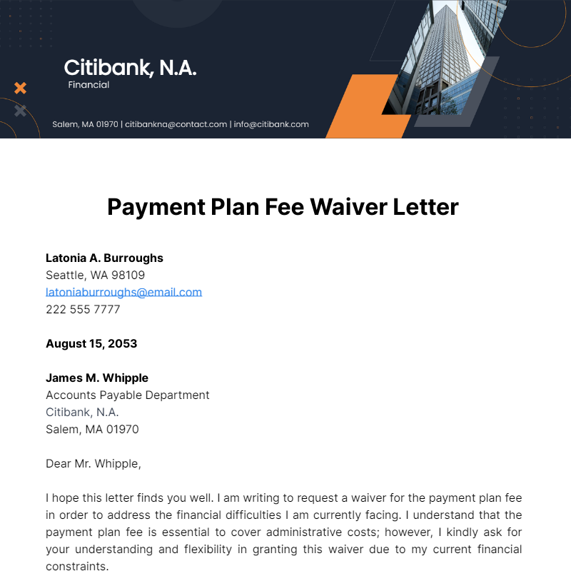 Free Payment Plan Fee Waiver Letter Template