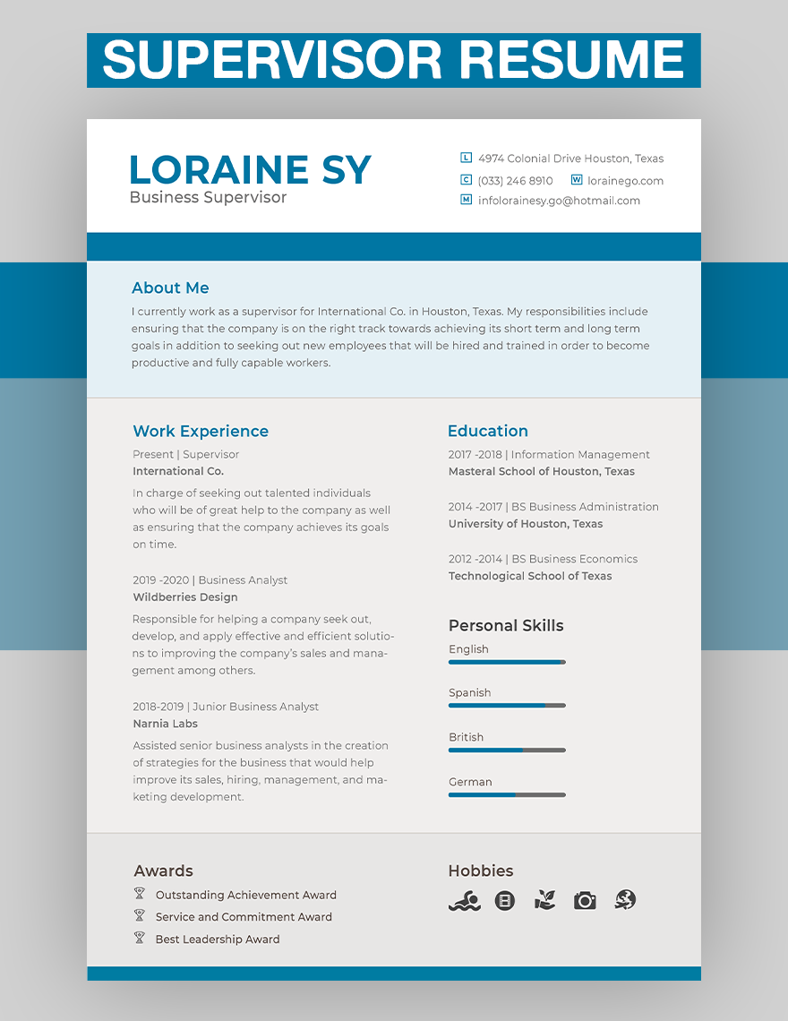 Supervisor Resume in Word, PSD, Apple Pages, Publisher
