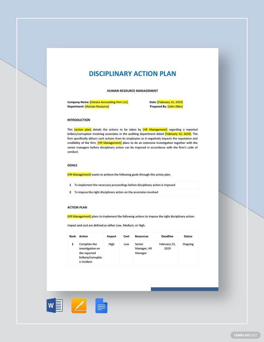 Disciplinary Action Plan Template in Word, Google Docs, Apple Pages