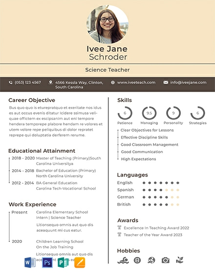 Fresher School Teacher Resume Format Template - Word, Apple Pages, PSD, Publisher
