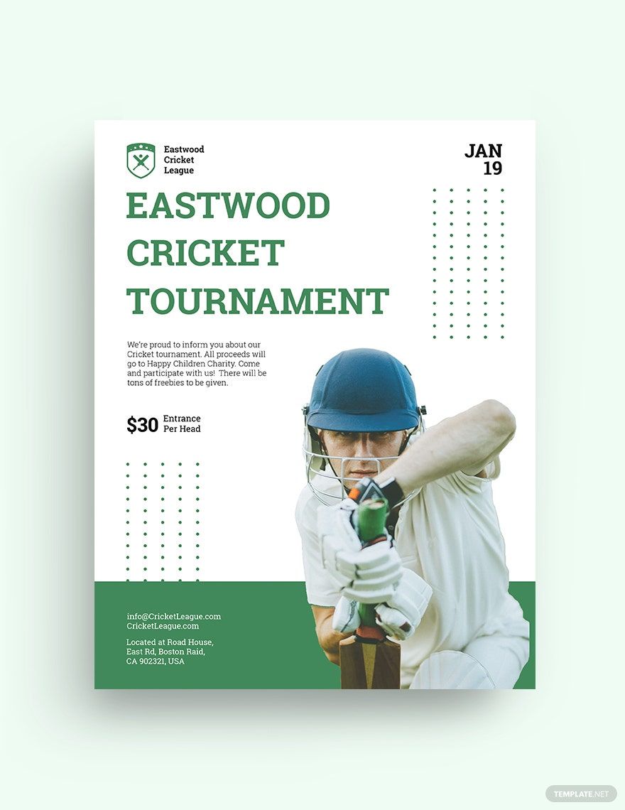 Cricket Tournament Flyer Template in Word, Google Docs, Illustrator, PSD, Apple Pages, Publisher, InDesign