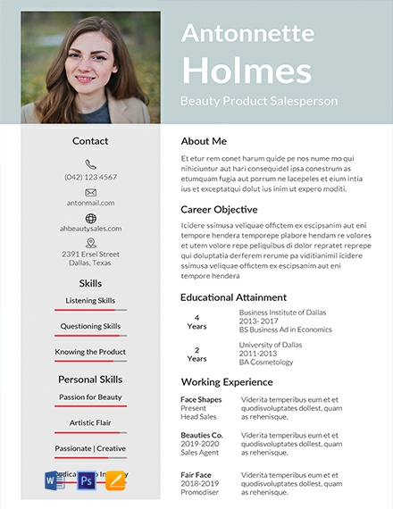Salesperson Resume Template - Word, Apple Pages, PSD