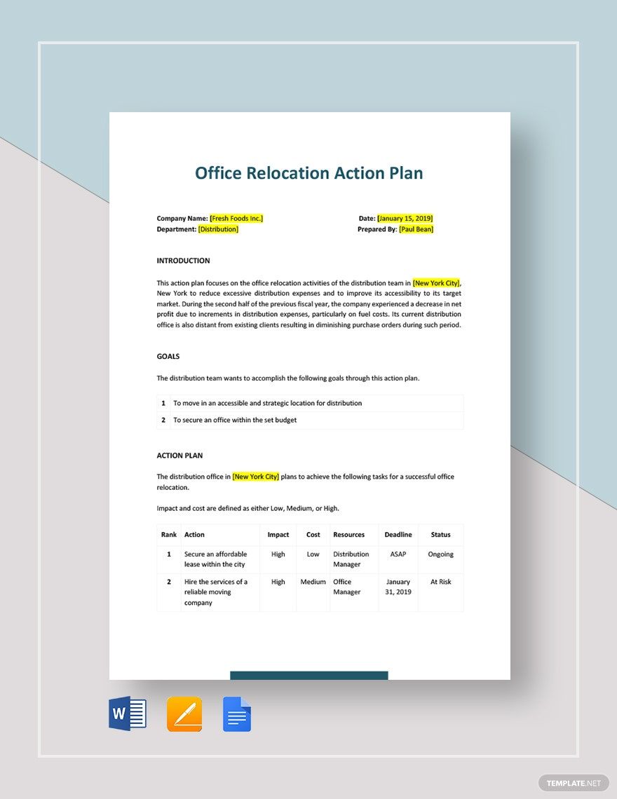 Office Relocation Action Plan Template in Word, Google Docs, Apple Pages