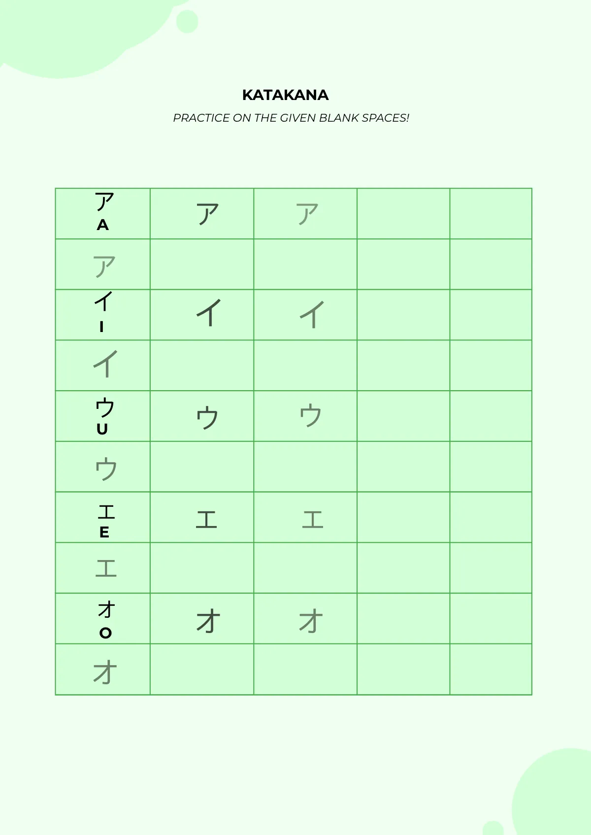 Free Intermediate Hiragana Katakana Practice Chart Template to Edit Online