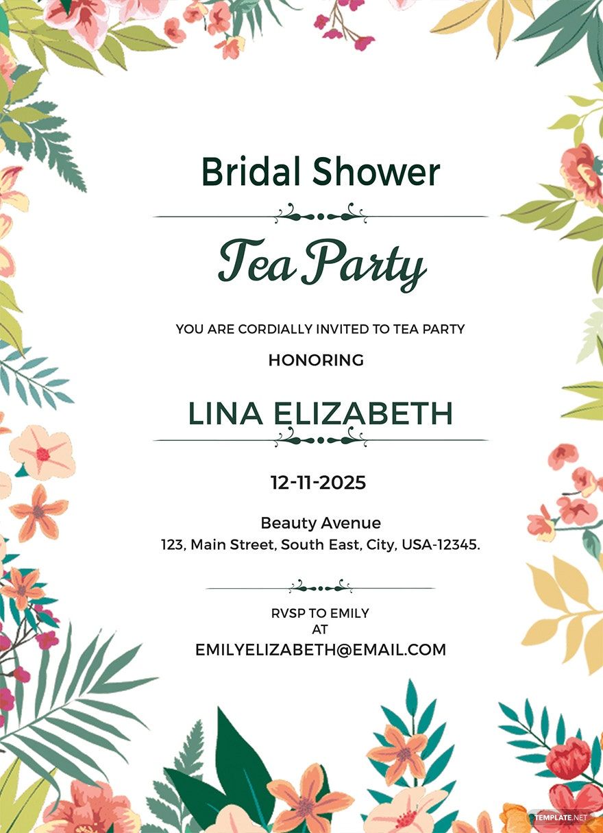 Bridal Shower Tea Party Invitation Template in Word, Illustrator, PSD, Apple Pages, Publisher, Outlook