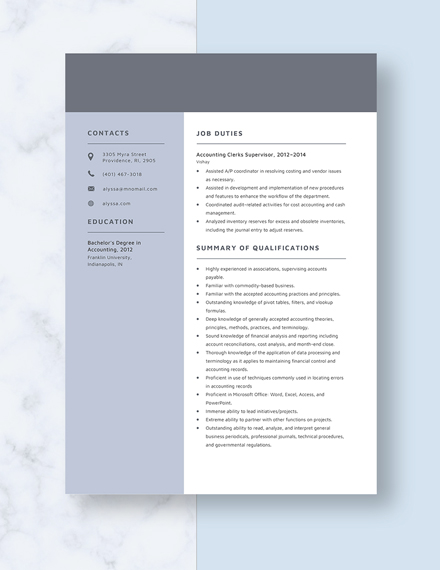 Accounting Clerk Supervisor Resume Template - Word, Apple Pages