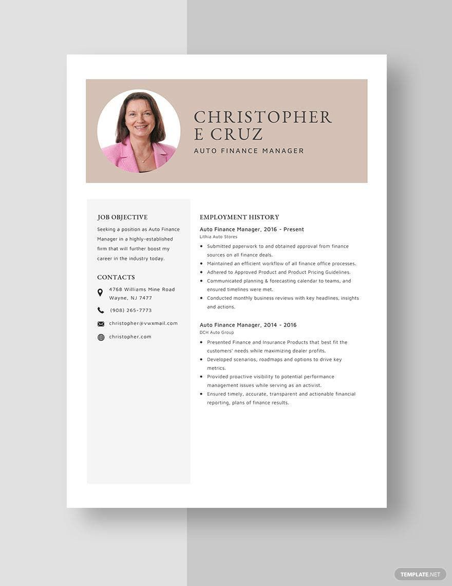 Free Auto Finance Manager Resume in Word, Apple Pages