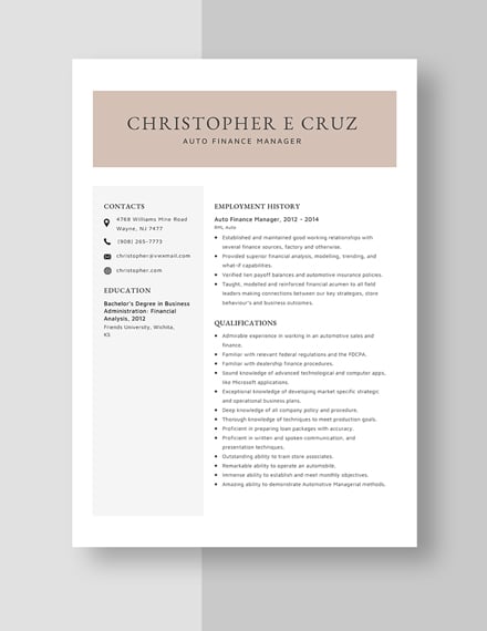 Auto Finance Manager Resume Template