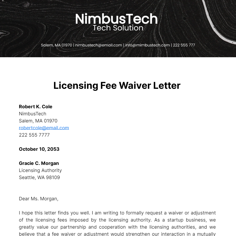 Free Licensing Fee Waiver Letter Template