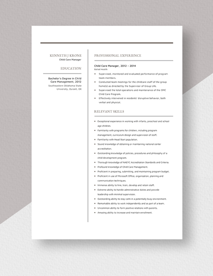Child Care Manager Resume Template