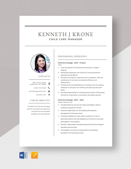Child Care Manager Resume