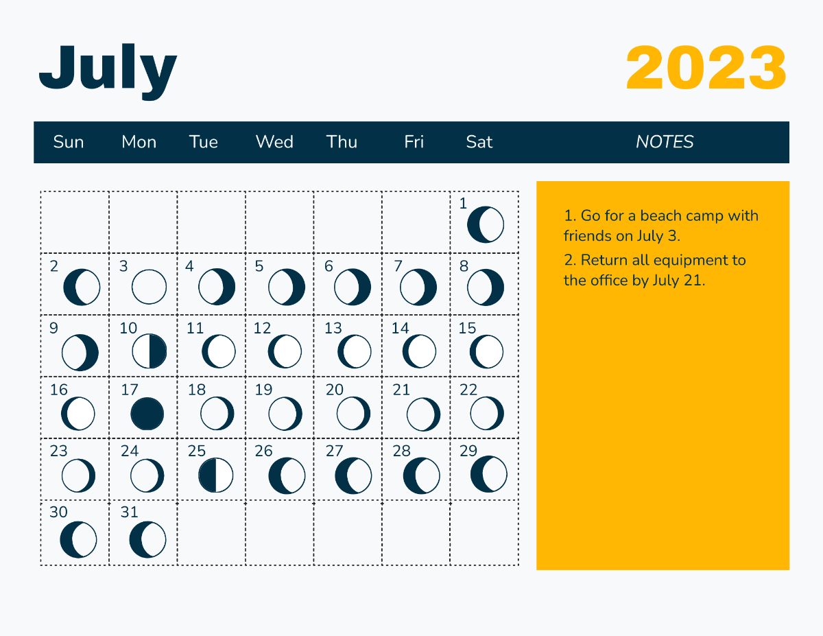 July 2023 Calendar With Moon Phases Template