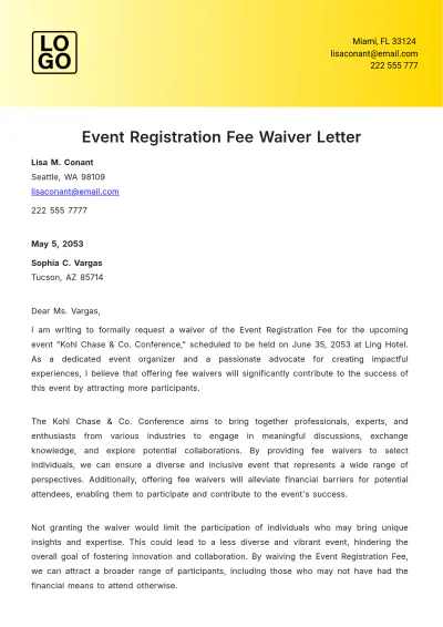 Free Event Registration Fee Waiver Letter Template to Edit Online