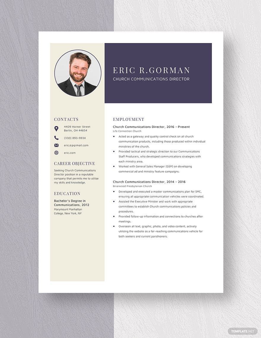 Free Church Communications Director Resume Template