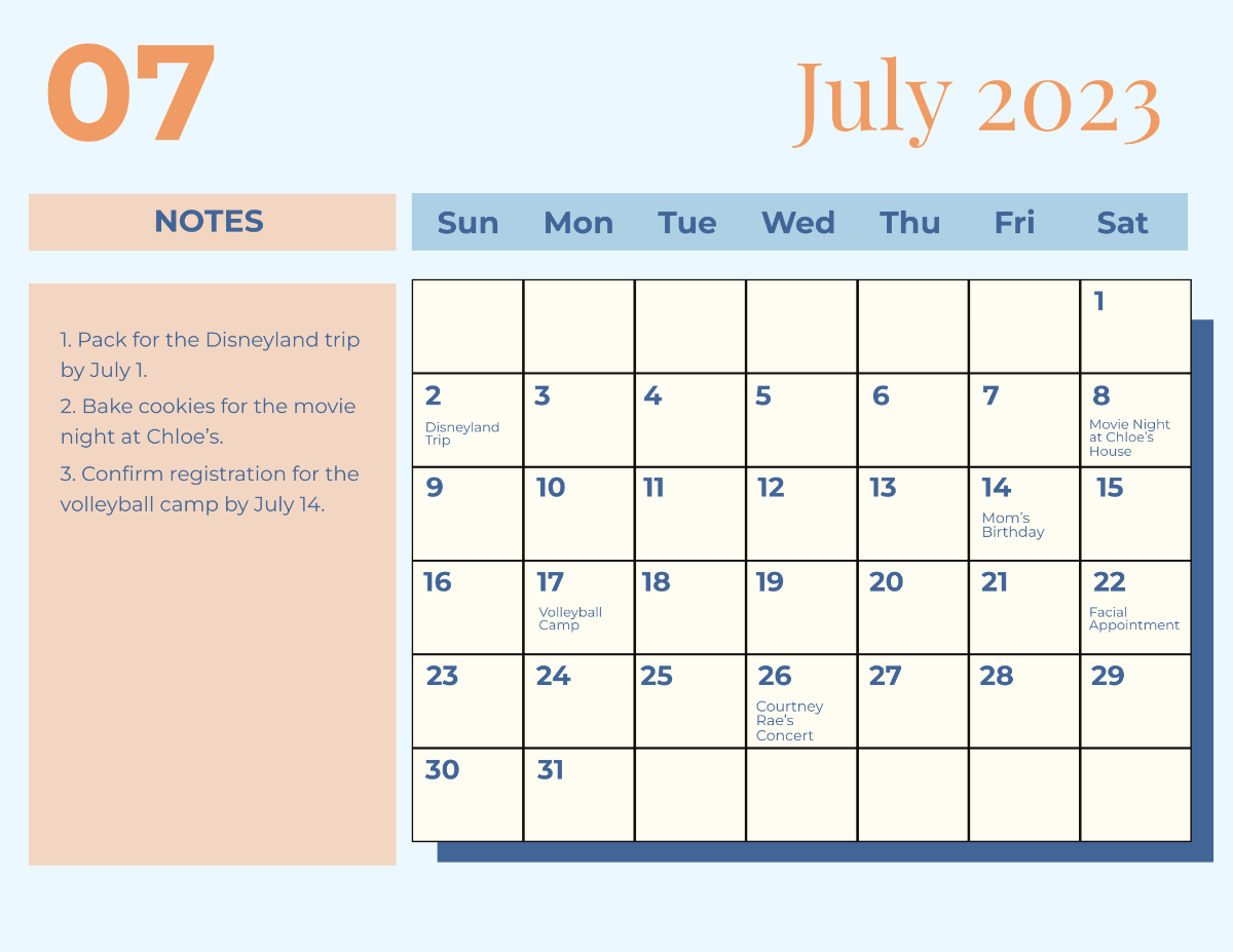 Colorful July 2023 Calendar Template