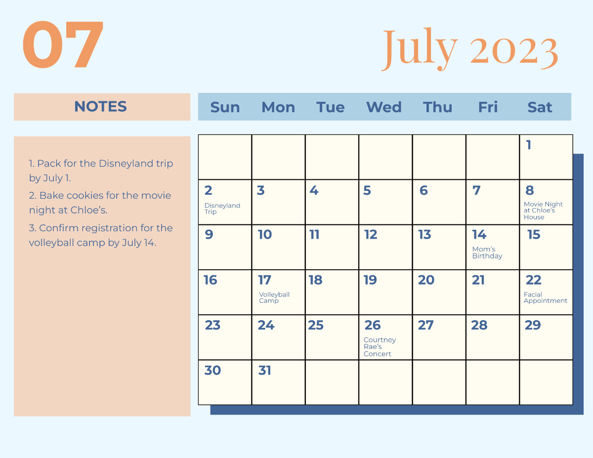 Free Colorful July 2023 Calendar Template