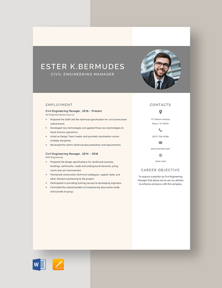 Civil Engineering Manager Resume Template - Word, Apple Pages