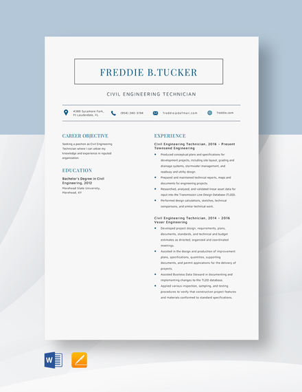 Free Civil Engineering Technician Resume Template - Word, Apple Pages