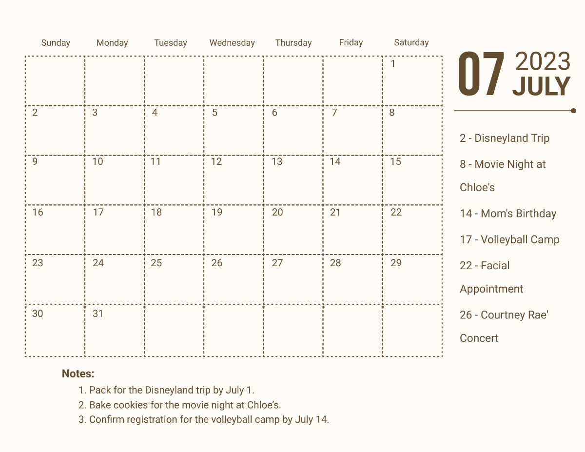 Printable July 2023 Monthly Calendar Template