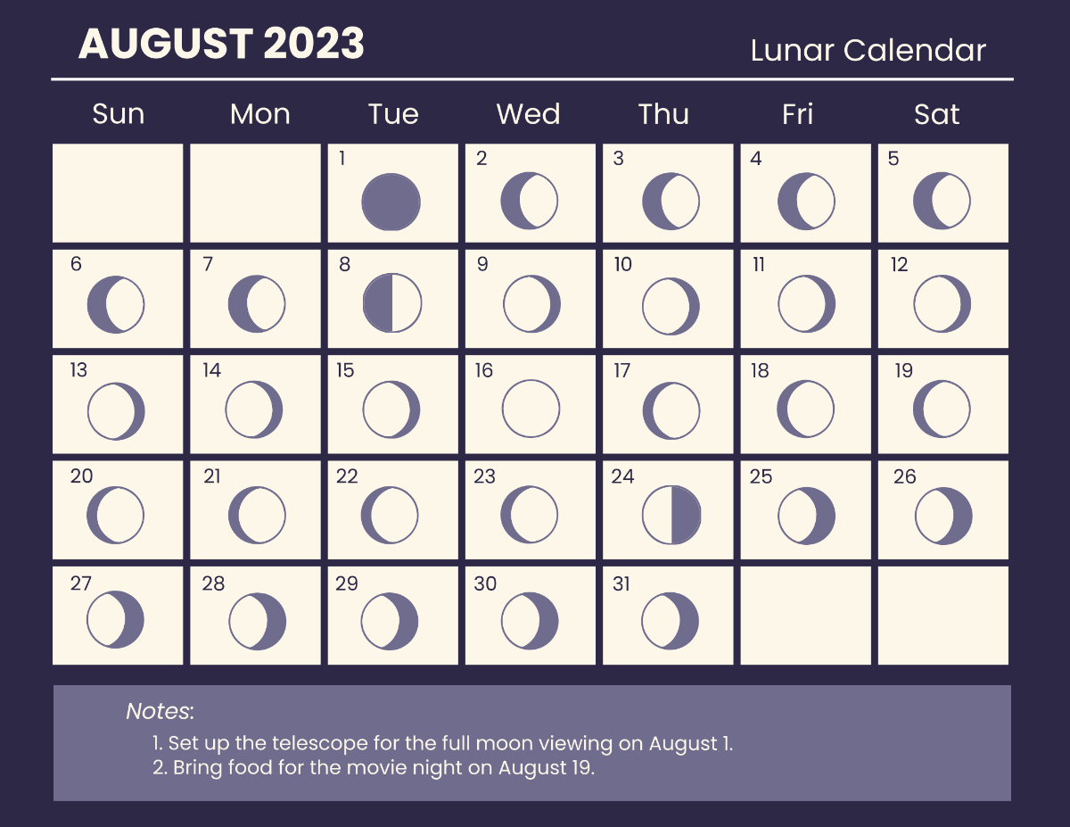 Lunar Calendar August 2023 Template