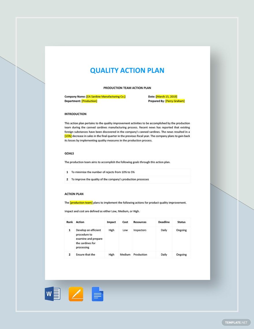 Quality Action Plan Template Google Docs Word Apple Pages 