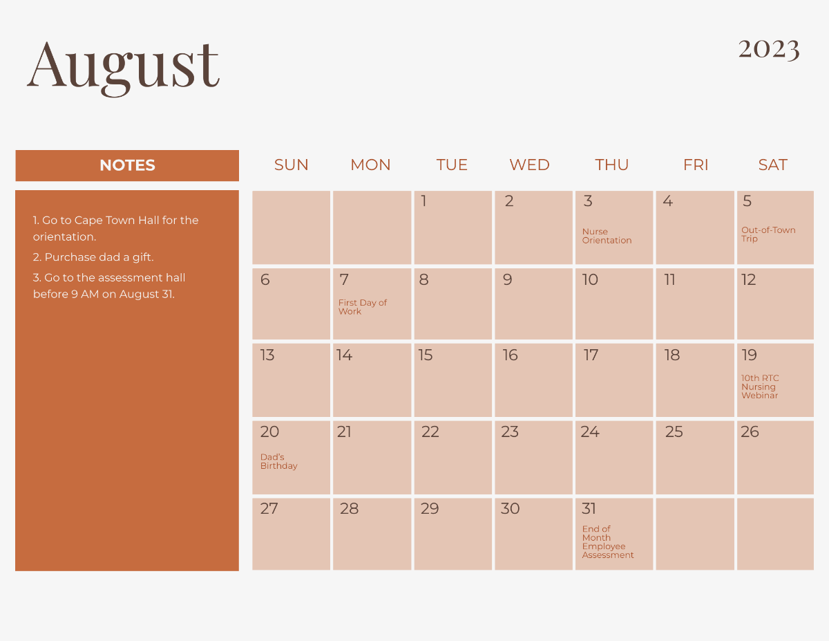 Simple August 2023 Calendar Template