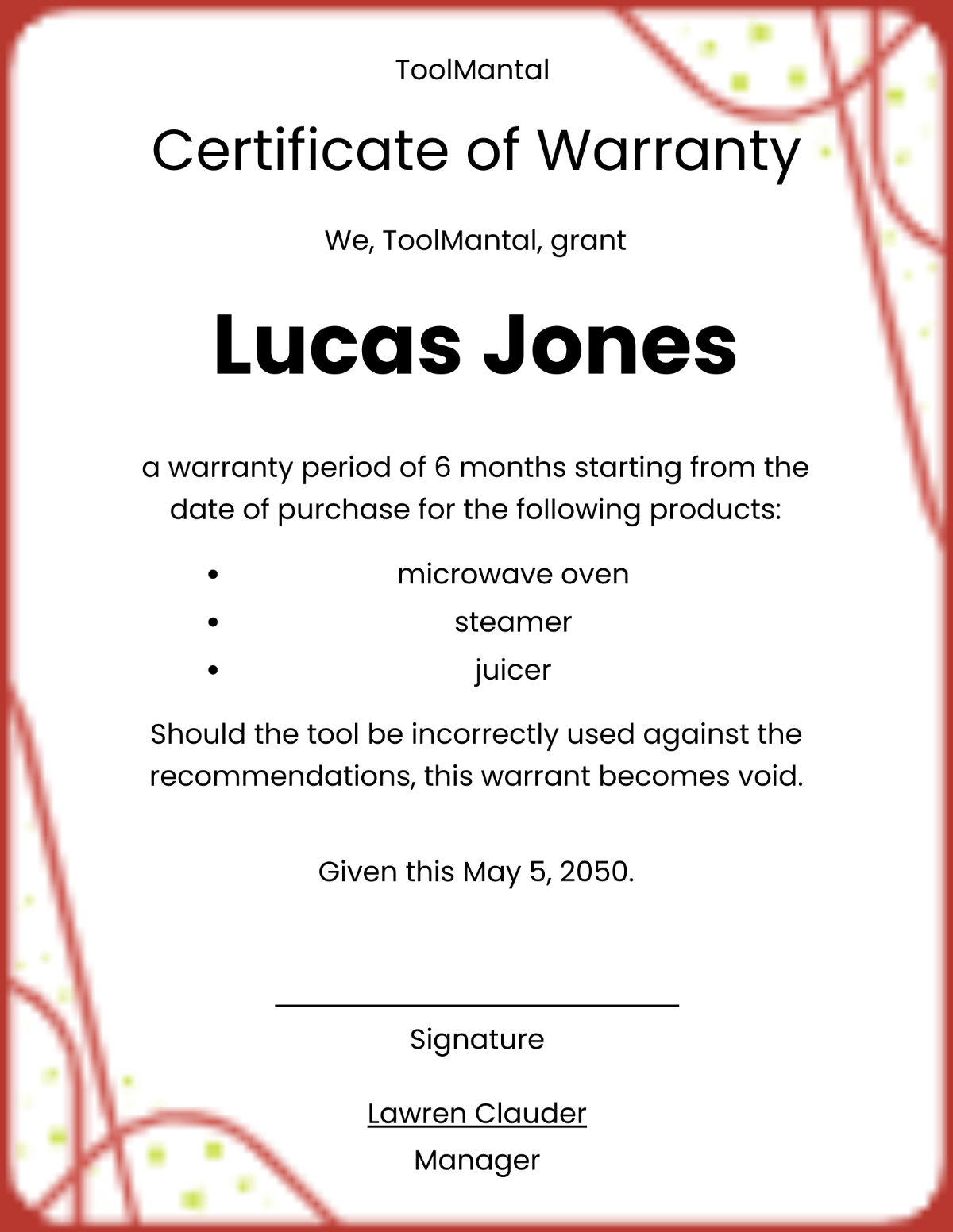 Equipment Warranty Certificate