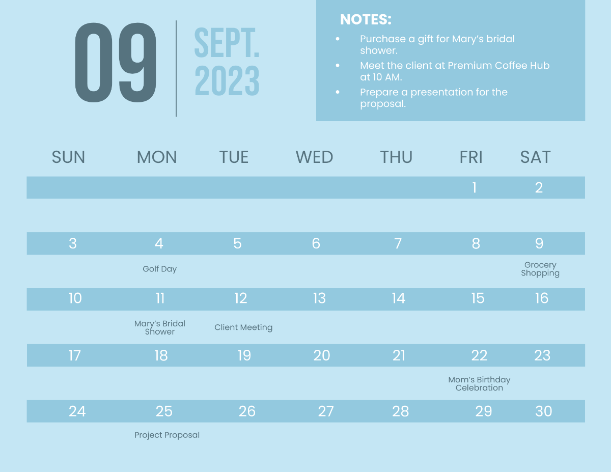 Blue September 2023 Calendar Template