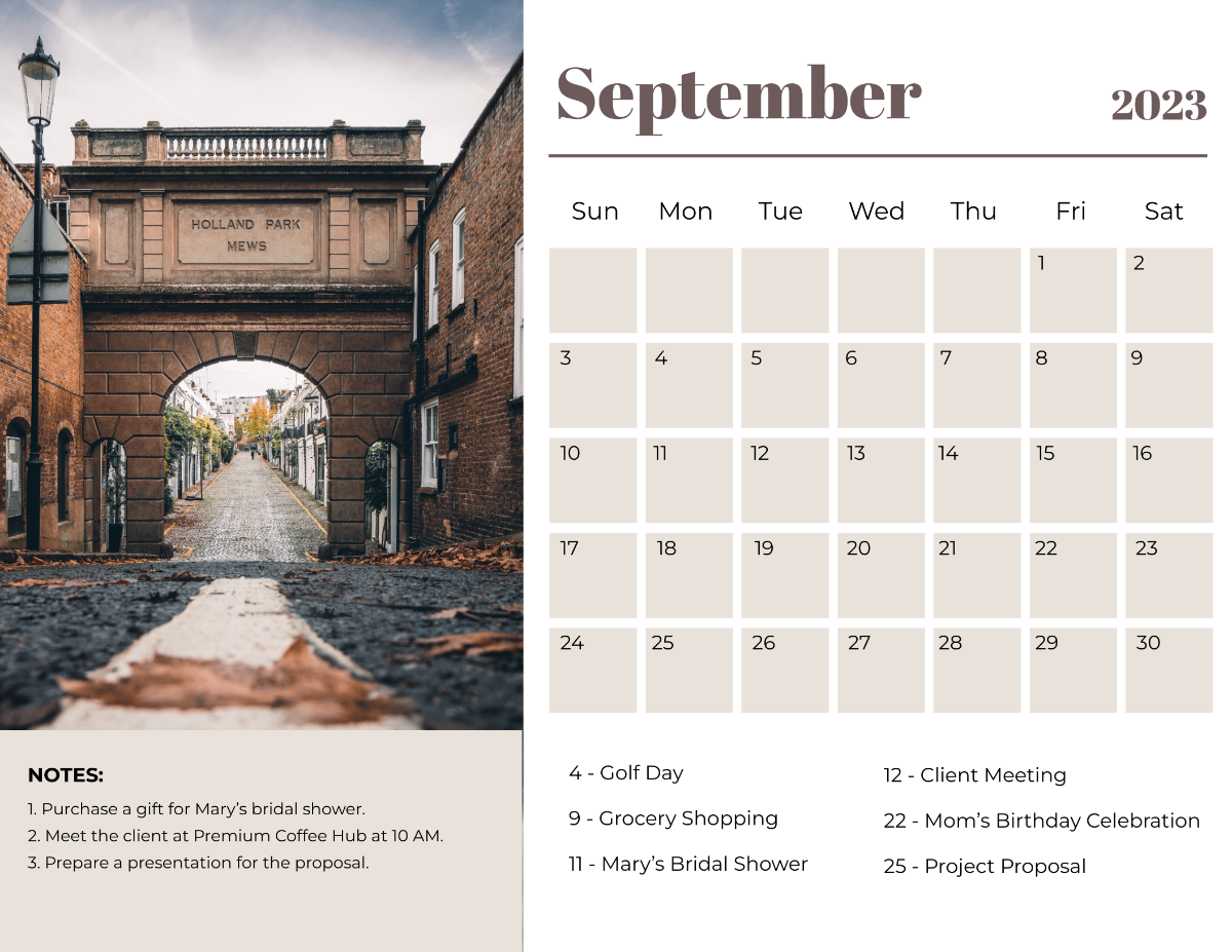 September 2023 Photo Calendar Template