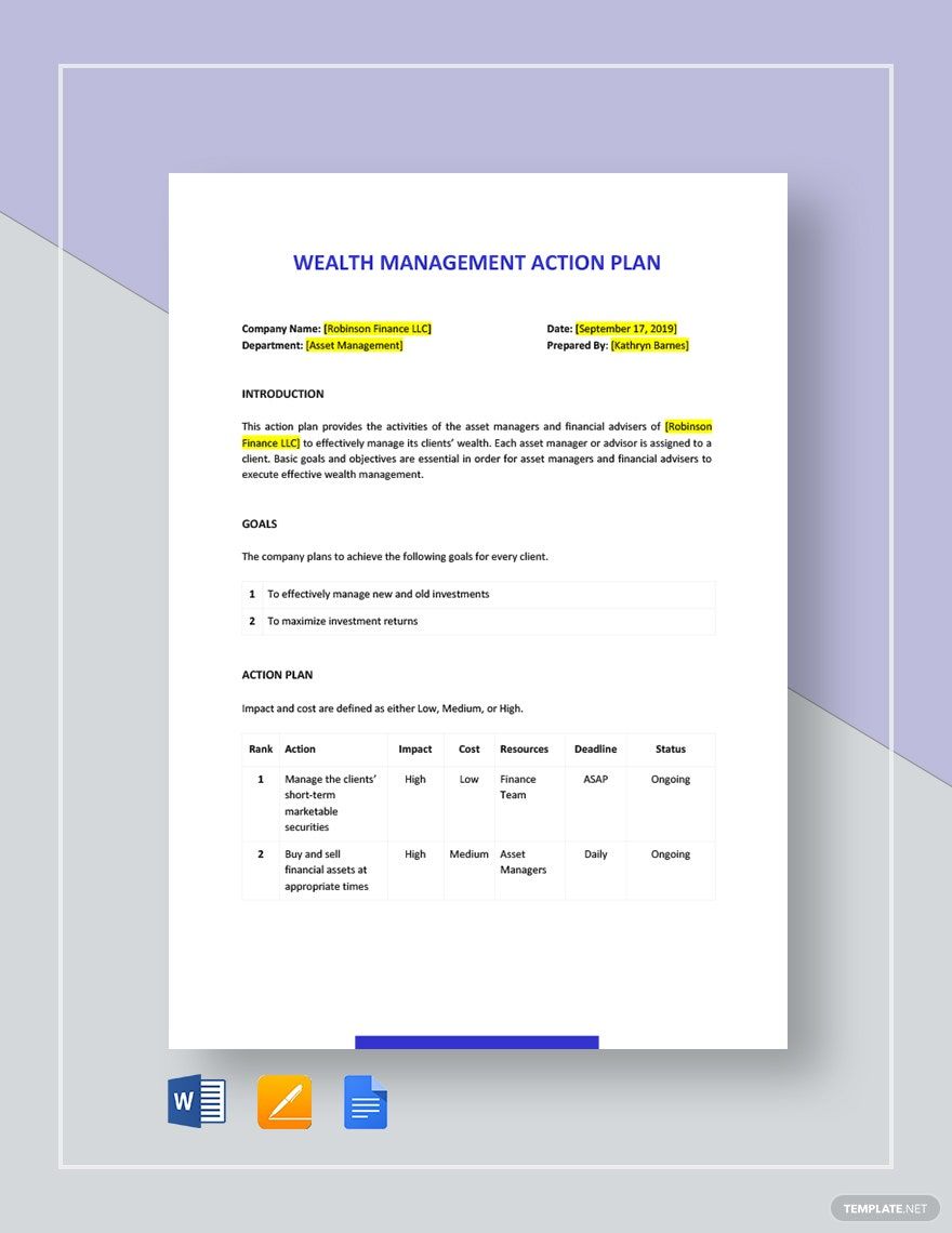 Wealth Action Plan Template in Word, Google Docs, Apple Pages