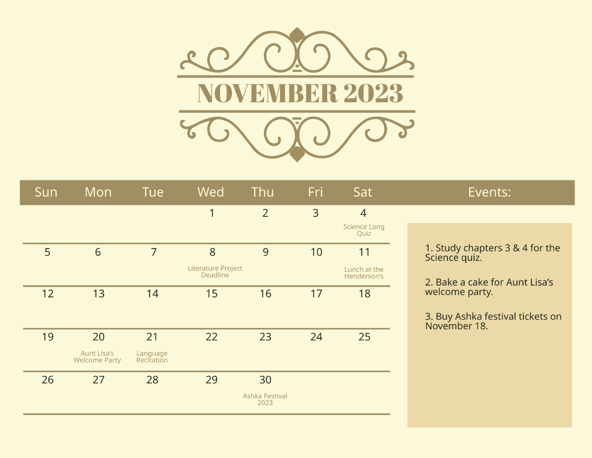 Fancy November 2023 Calendar Template