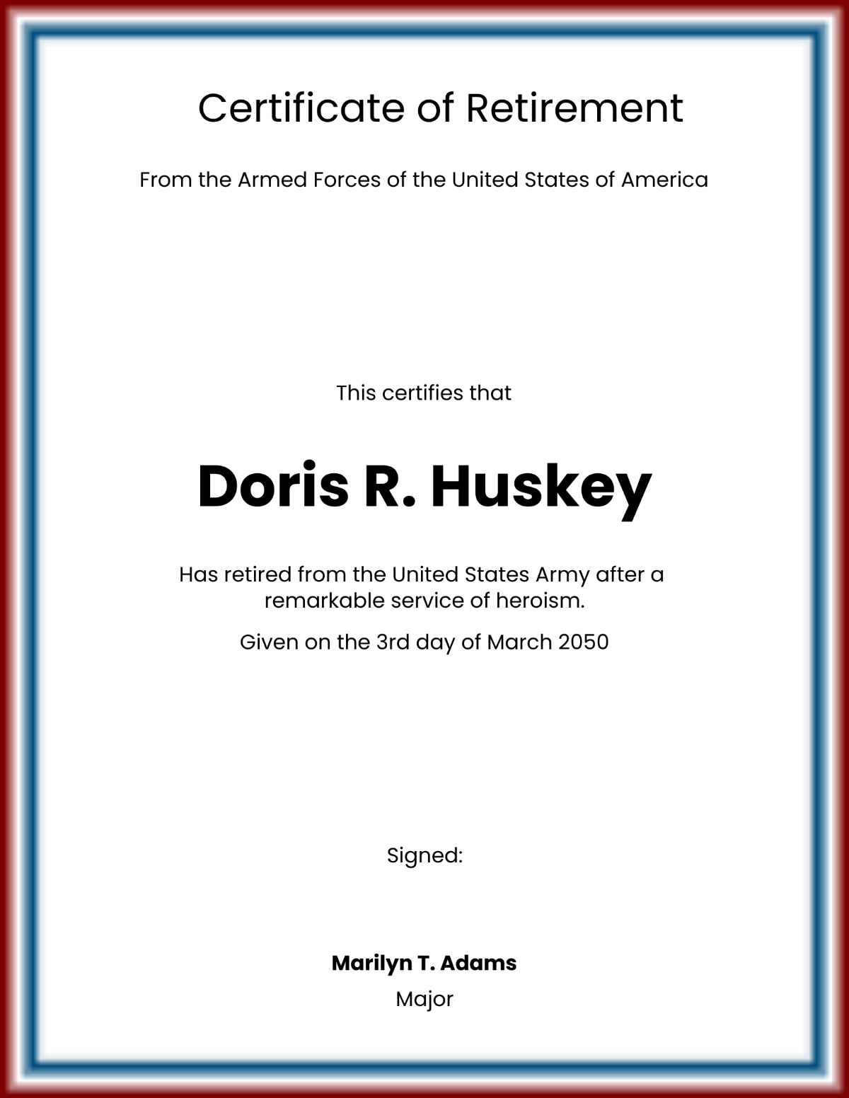 Certificate Of Retirement US Army