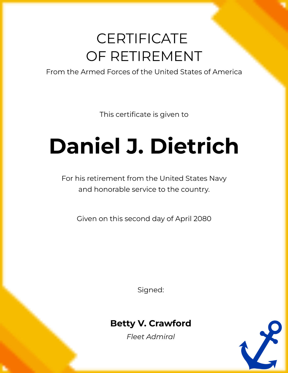 US Navy Retirement Certificate