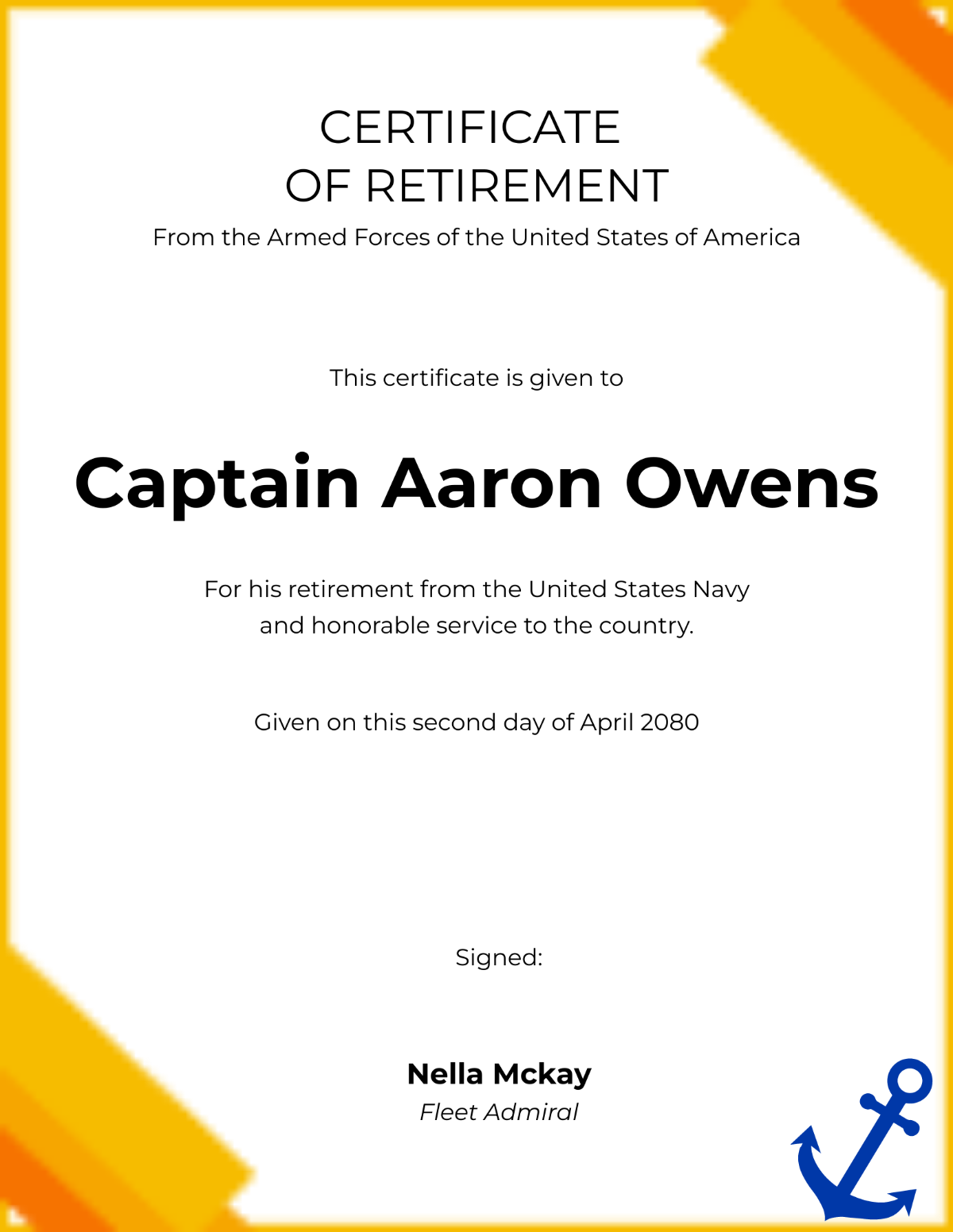 US Navy Retirement Certificate Template