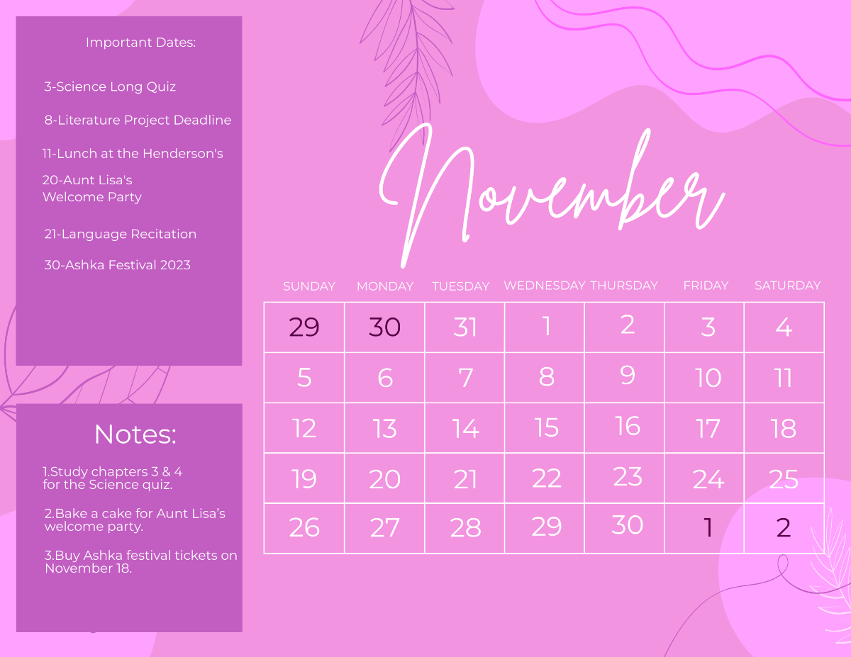 Pink November 2023 Calendar Template