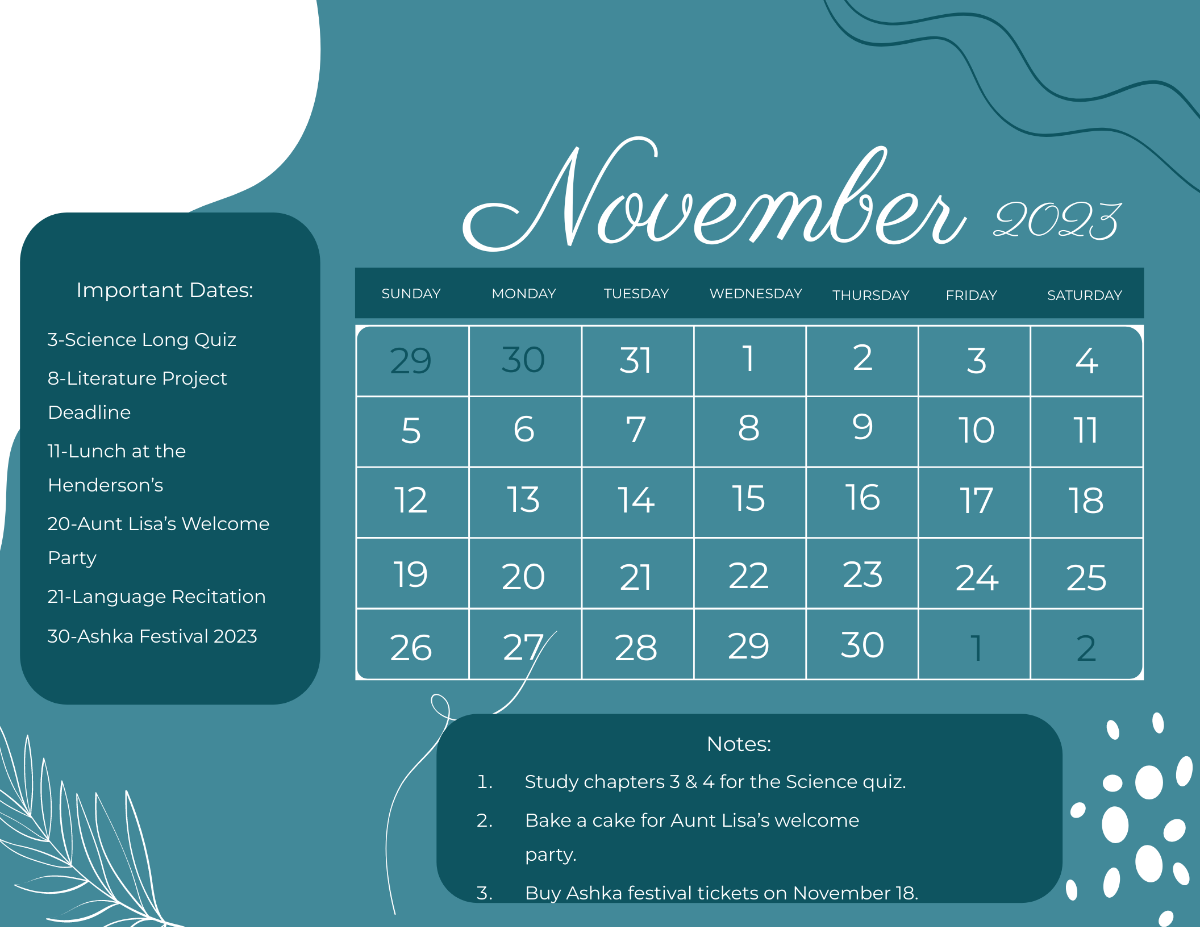 Calligraphy November 2023 Calendar Template