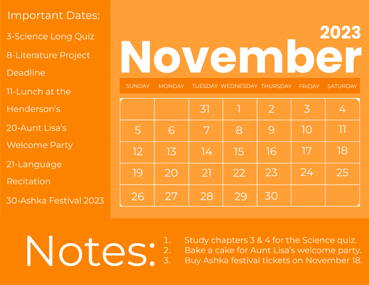 Printable November 2023 Monthly Calendar Template