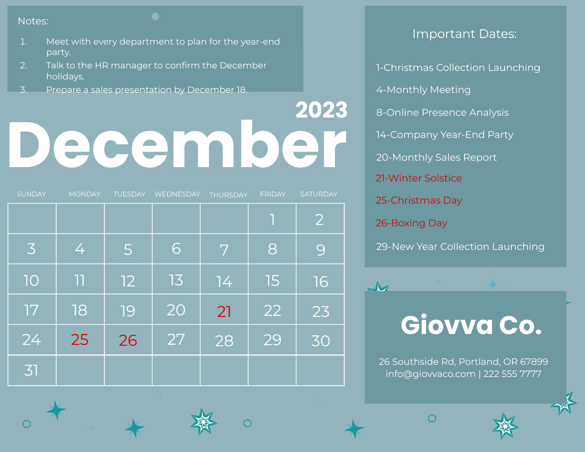 December 2023 Calendar  With Holidays Template