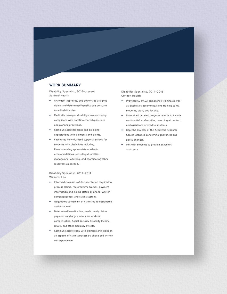 Disability Specialist Resume
