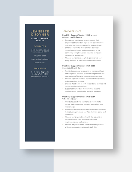 Disability Support Worker Resume Template