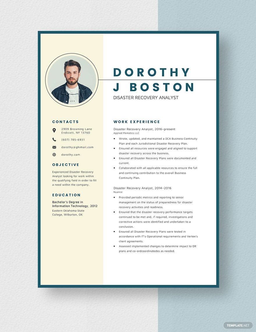 Free Disaster Recovery Analyst Resume Template