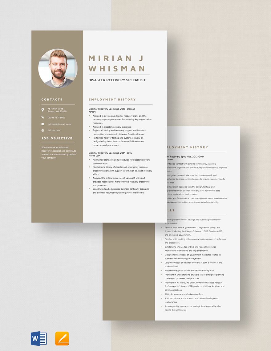 Disaster Recovery Specialist Resume